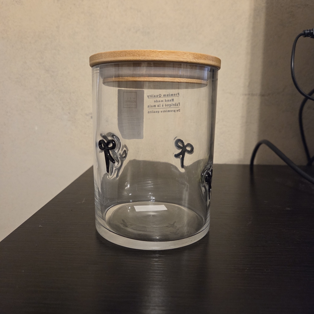 Glass Jar with Wooden Lid and Black Bow Design